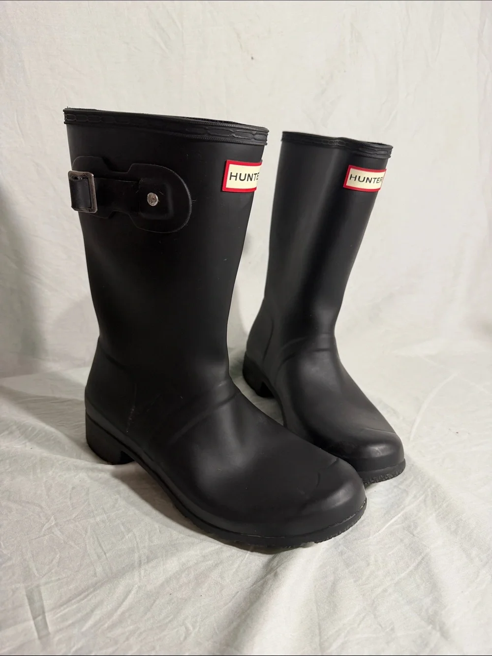 Women’s Hunter Black Mid-Calf Rubber Rain Boots with Side Buckle